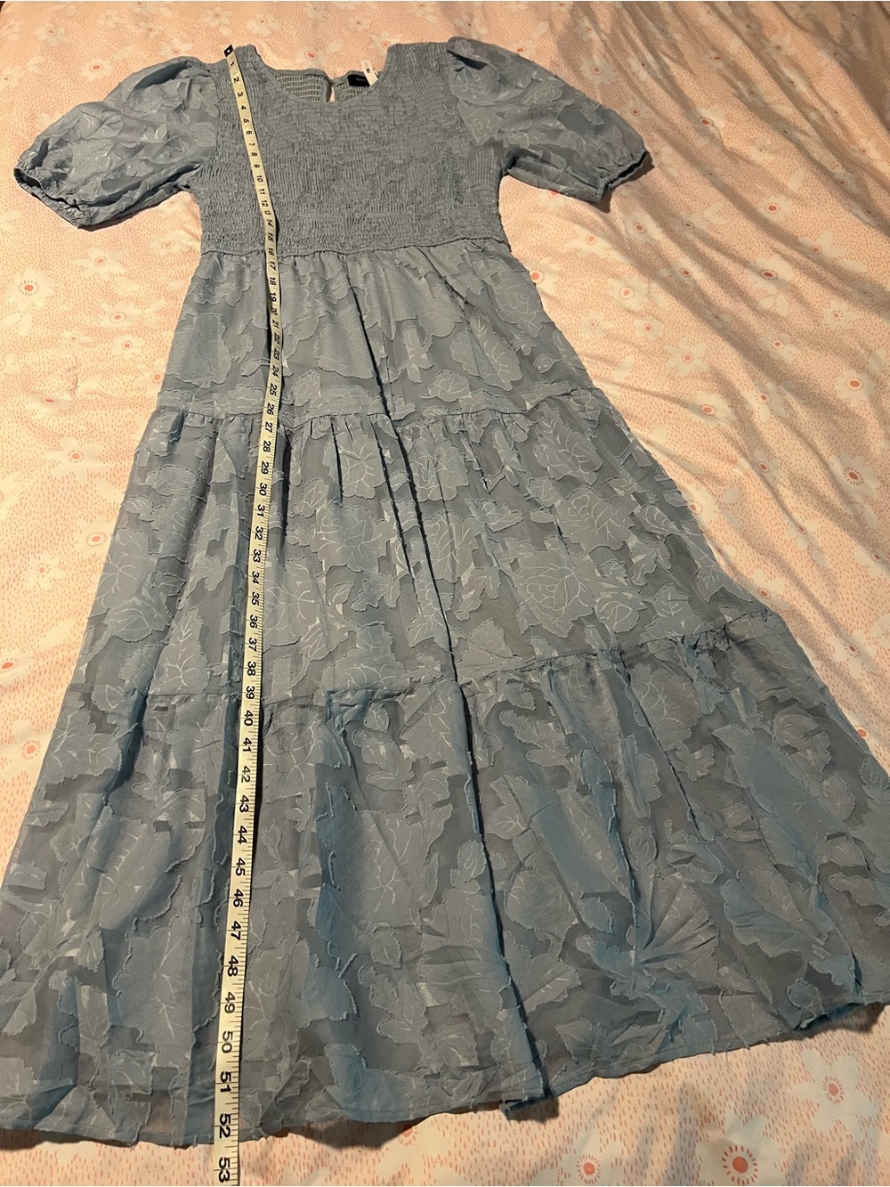NWT MEROKEETY Lt Blue Floral Textured Tiered Midi Dress Short Sleeve Smocked LG - Picture 6 of 12